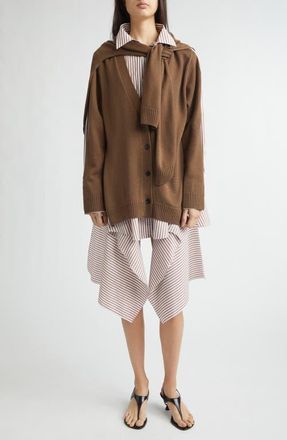 Monse Combo Stripe Long Sleeve Cotton Poplin Shirtdress with Merino Wool Cardigan in Brown Multi at Nordstrom, Size 8
