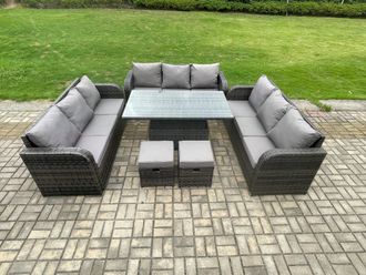 Fimous Garden Dining Set Outdoor Rattan Furniture Lounge Sofa Height Adjustable Rising lifting Table in Dark Grey