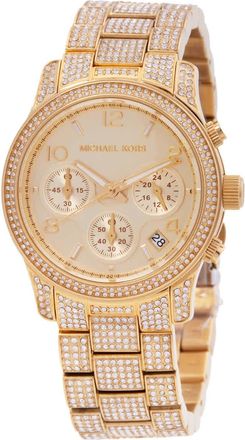 Michael Kors Runway Pave Chronograph Quartz Gold Dial Ladies Watch MK7435