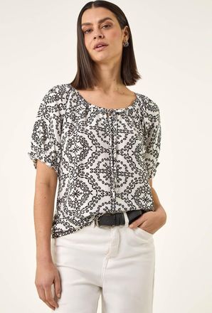 Roman Mono Printed Tie Neck Top