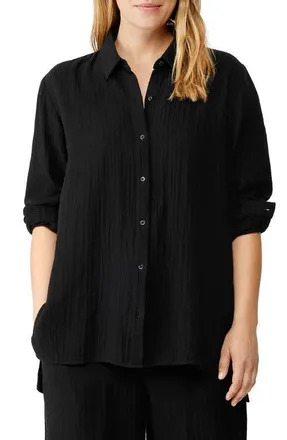Eileen Fisher Easy Classic Organic Cotton Button-Up Shirt in Black at Nordstrom, Size Medium