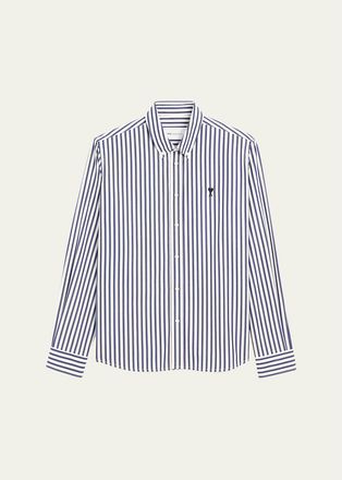 Ami Mens Striped Cotton Poplin Sport Shirt