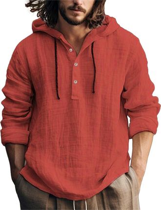 Generic Cotton Hemp Men Shirts Long Sleeve Fashion Casual Hoodies Simple Everyday Athletic Wear Buttons Placket Breathable Sports Hoodies Regular-Fit Training