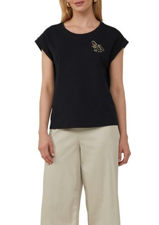 s.Oliver Black Label T-Shirt S.OLIVER BLACK LABEL, Damen, Gr. 34, schwarz, Interlock, Obermaterial: 100% Baumwolle, bedruckt, regular fit taillenbedeckt, Rundhals, Shirts 