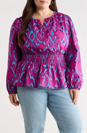 Sugarlips Ivani Mirana Smocked Waist Peplum Top in Magenta-Blue at Nordstrom, Size 1X