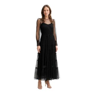 Twinset Kleedjes, Dames, Zwart, L, Leer, Jurk met kanten overlay