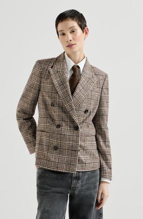 Brunello Cucinelli Alpaca and wool Prince of Wales blazer with monili in Brown at Nordstrom, Size 44
