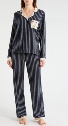 French Connection Stripe Pocket Pajamas in Blue/Cream Stripe at Nordstrom, Size X-Large