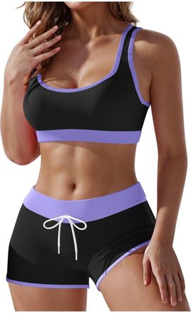 Generic Womens Sporty Swimsuits Two Piece Athletic Bikini Sets Push Up Bikini Top with Drawstring Boyshorts Bathing Suits Purple