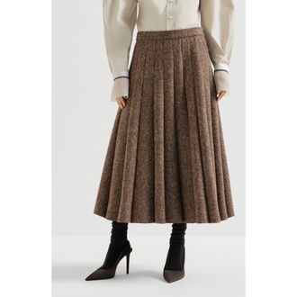 Brunello Cucinelli Virgin wool donegal pleated skirt in Light Brown at Nordstrom, Size 46