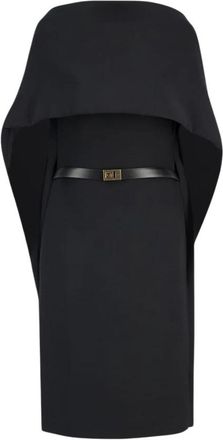 Ferragamo Midi jurk met ceintuur en golvende voorpaneel - Dames - Casual kleedjes - Zwart - S - Wol - Kleedjes