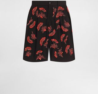 Dolce & Gabbana Cotton Twill Shorts With Coral Embroidery - Man Pants And Shorts Black Cotton 48