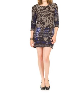 Papillon Owl Border Print 3/4 Sleeve Scoop Neck Dress In Grey