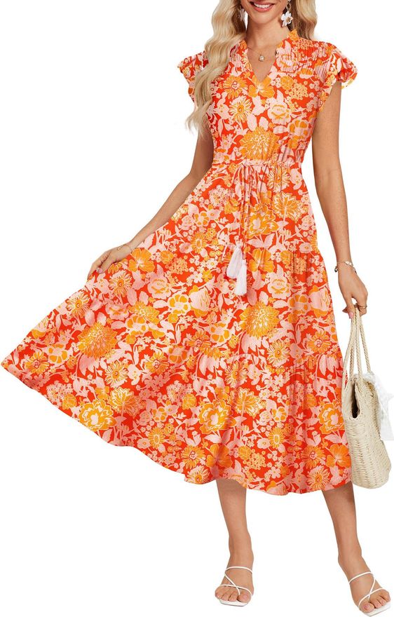 Grace Karin Women Summer Beach Dress Wedding Guest Wine Short Sleeve Maxi  A-Line Smocked Dresses for Evening Party Dinner L Size 18 Red from 34.99 -  on Stylight