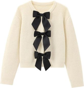 Generic Womens O-Neck Casual Knitted Cardigan Coat Long-Sleeved Bow Knitted Sweater Jumper Creamy-White L(0810)