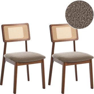 Beliani Conjunto De 2 Sillas De Comedor Asientos De Boucl&eacute; Gris Pardo Respaldo De Rat&aacute;n Sint&eacute;tico Estructura De Caucho Lacado Sin Reposabrazos Retro Marr&oacute;n Em