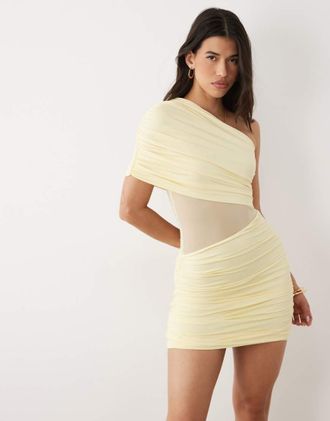 Aria Cove Vestito corto monospalla sinuoso a doppio strato con inserto in rete e arricciatura color limone-Giallo