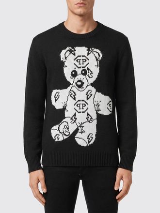 Philipp Plein Maglia girocollo in misto lana e cotone con stampa frontale Teddy Bear