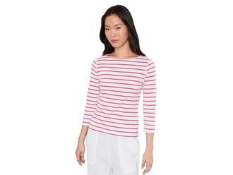 Lilla P Rib Stripe 3/4 Boatneck Womens Clothing Geranium Stripe : XS, Cotton