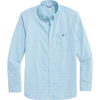 Vineyard Vines Lemon Shark Gingham Button-Down Performance Shirt in Aqua Glass at Nordstrom, Size X-Large