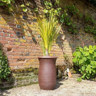 PRIMROSE Rib Textured Fibrecotta Tall Round Planter In Coffee 44cm