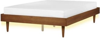 Beliani Modern eu Double Size Bed Frame 4ft6 Slatted Base without Headboard led Lights Brown Ash Wood Toucy