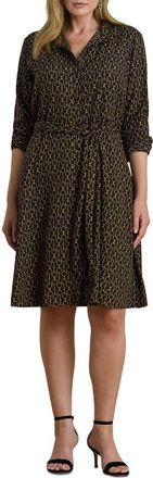 Lauren Ralph Lauren Chain Print Tie Waist Long Sleeve Crepe Shirtdress in Black Multi at Nordstrom, Size 18W