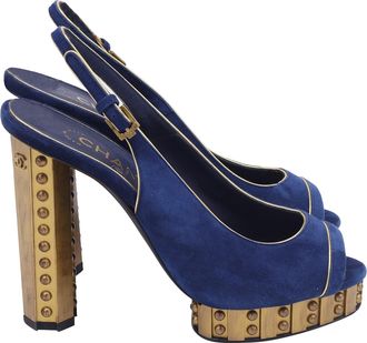 Chanel CC Studded Peep-Toe Platform Pumps in Navy Blue Suede