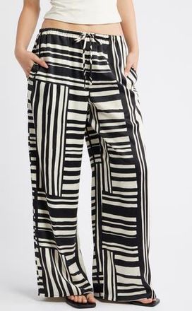 Topshop Tie Waist Wide Leg Satin Trousers in White Multi at Nordstrom Rack, Size X-Small