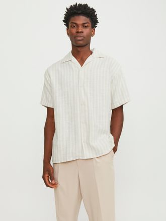Jack & Jones Kurzarmhemd JACK & JONES JORCOBA STRIPE RESORT SHIRT SS SN, Herren, Gr. S, N-Gr, beige (fields of rye), Web, Obermaterial: 100% Baumwolle, gestreift, 