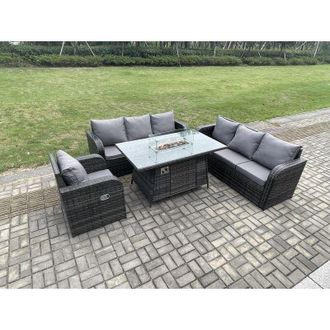 Fimous Rattan Outdoor Furniture Gas Fire Pit Rectangle Dining Table Gas Heater Reclining Chair 3 Seater Sofa Sets 7 Seater - Fimous