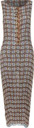 Issey Miyake Vintage Ajrakh brown blue tile print metallic ruffle pleat dress S