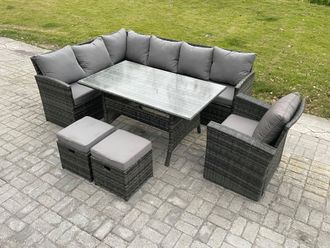 Fimous Outdoor Rattan Garden Furniture Corner Sofa Set with Rectangular Dining Table 2 Small Footstools Armchair in Dark Grey