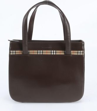 Burberry Brown Leather Canvas Handbag Shoulder Bag Tote Bag (Pre-Owned)