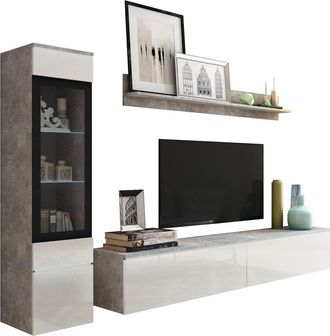 Mirjan24 Mobilier1 - Conjunto De Sal&oacute;n Sarasota 125, Hormig&oacute;n + Blanco Brillante