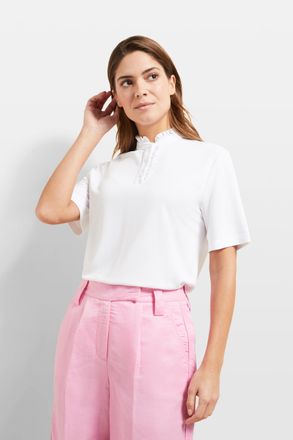 Bugatti T-Shirt BUGATTI, Damen, Gr. XS, weiss (wei&szlig;), 55% Modal, 45% Polyester, normal, ohne Ausschnitt, normaler Saum, Shirts T-Shirt, mit R&uuml;schendetails