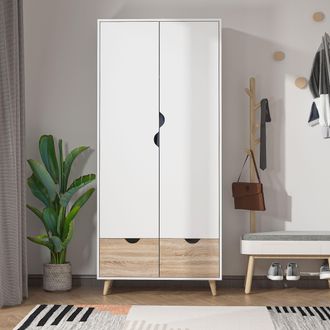 HOMCOM 2 Door Clothes Wardrobe Rail Shelf 2 Drawers Wood Feet Home Storage in White