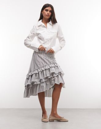 Daisy Street gonna midi a vita bassa con dettagli a volant a righe blu-Multicolore