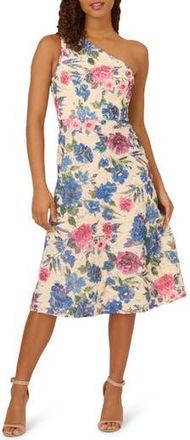 Adrianna Papell Floral Soutache Lace One-Shoulder Fit & Flare Midi Dress in Alabaster Multi at Nordstrom Rack, Size 10
