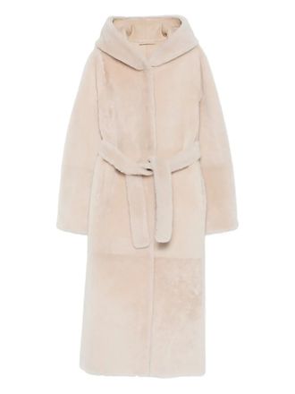 Liska hooded belted coat - women - Lamb Shearling - L - Neutrals