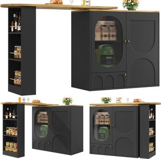 Urban Meuble Mesa de bar extensible giratoria 360&deg; efecto madera negro 3 puertas