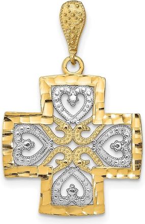 Diamond2Deal 14k Yellow Gold Rhodium Diamond-Cut Heart Cross Charm