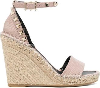 Valentino Garavani Wedges, female, Pink, 8 UK, Double Rockstud Grainy Calfskin Wedge Sandal 105 Mm