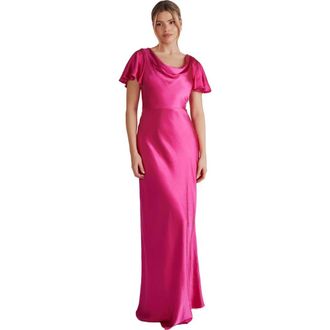Six Stories Flutter Sleeve Satin Bridesmaid Dress in Fuchsia at Nordstrom, Size 10