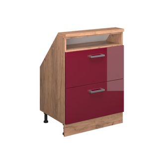 Vicco Armario De Cocina Para Techo Inclinado R-line, Rojo Brillo Intenso/roble Dorado, 60 Cm Con 2 Cajones, Vicco