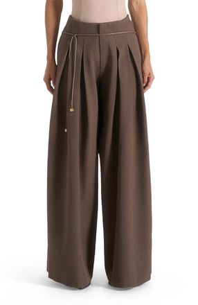 Mani&egrave;re De Voir Flora Box Pleat Wide Leg Belted Trousers in Brown at Nordstrom, Size 12