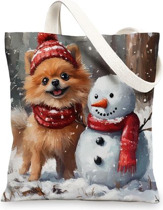 Generic Winter Christmas Pomeranian Dog Canvas Tote Bag for Shopping 13x15, Snowman Xmas Puppy Pet Reusable Grocery Print Bag for Women Men, Holiday Aesthetic