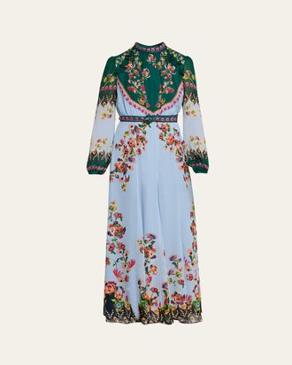 Saloni Jacqui-B Belted Floral Silk Midi Dress