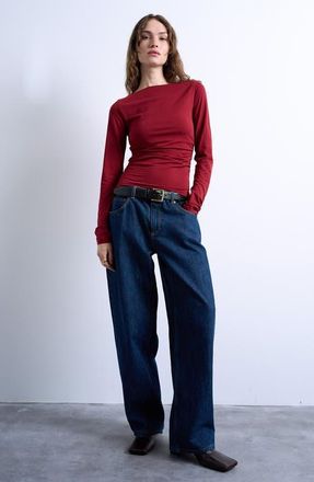 Topshop Ruched Bateau Neck Top in Red at Nordstrom, Size Medium