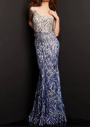 Jovani Embellished One Shoulder Special Occasion Dress In Silver/royal